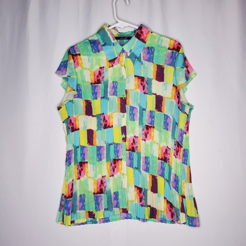 Essential Milano Chiffon Button Collar Top Women XL Pleated Artsy Rainbow Whimsy